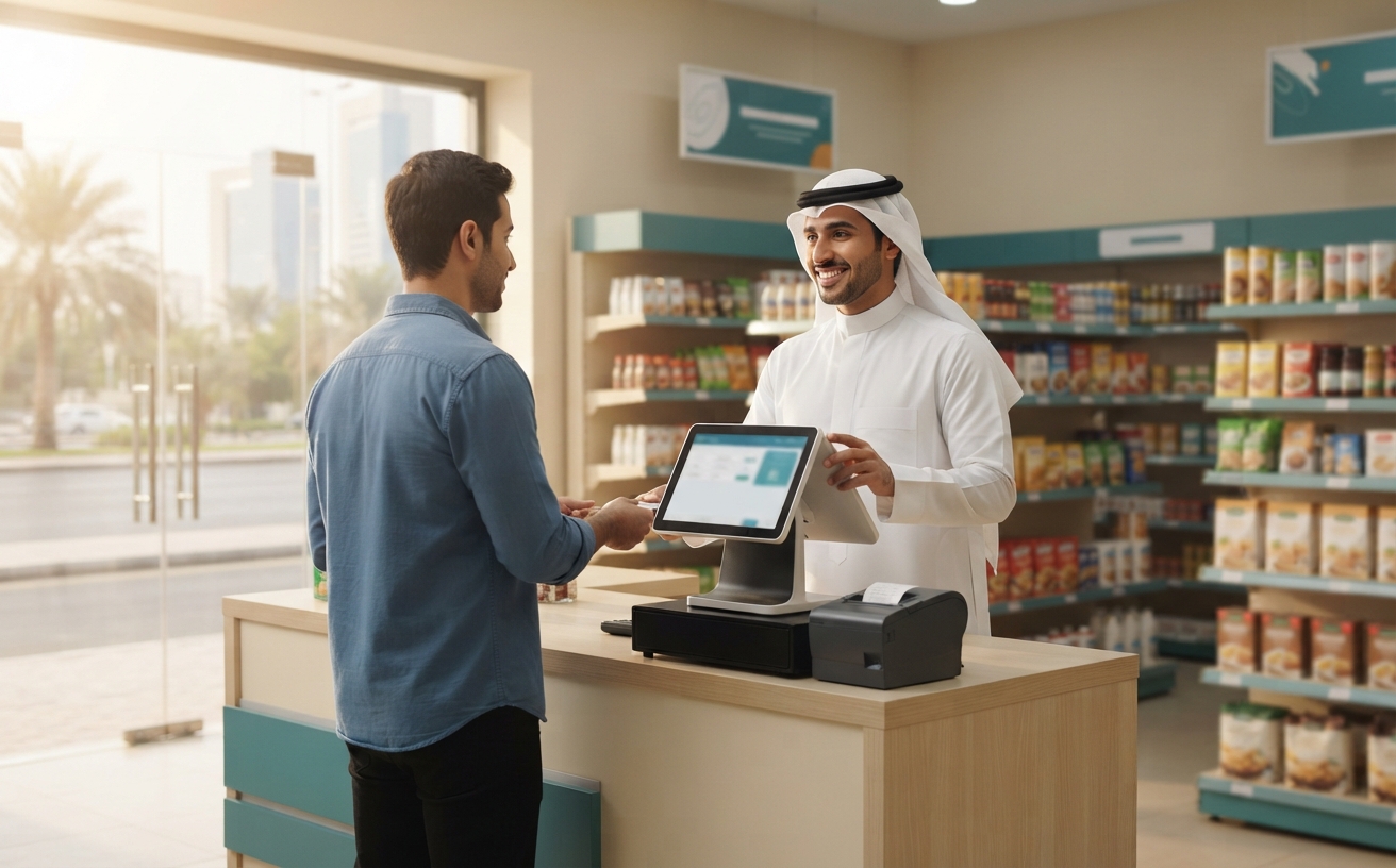 صاحب محلّ يستخدم نظام سي ماش على شاشة نقطة البيع