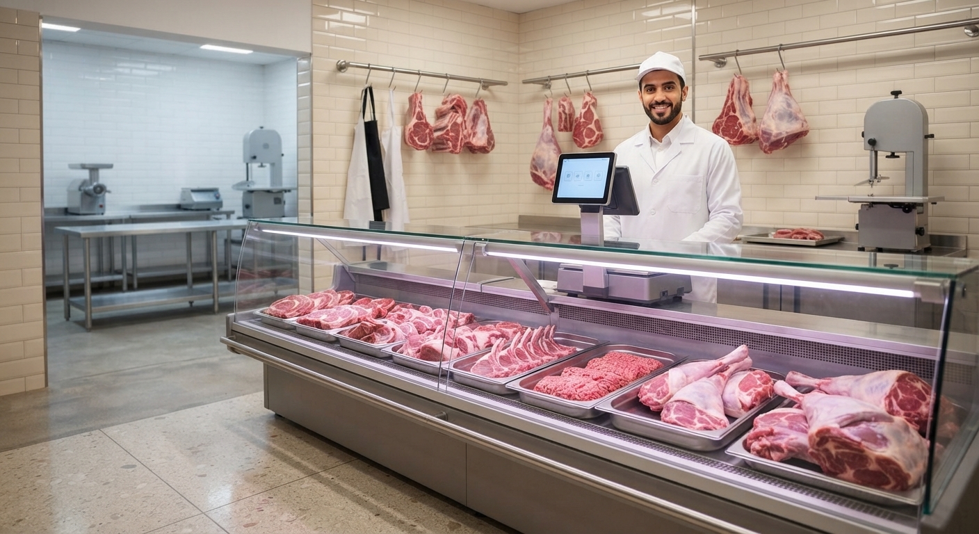 داخل ملحمة نظيفة وثلّاجة عرض اللحوم